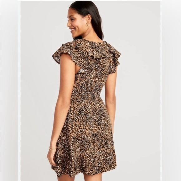 Old Navy Mini Dress Womens Medium Brown Leopard Print Cinched Ruffle-Trim - Picture 2 of 10